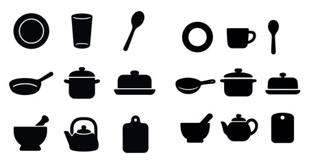 Kitchen essentials solid icons set &ndash; cookware, utensils, cooking tools collection