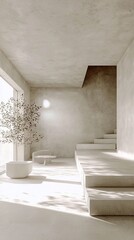 Fototapeta premium Minimalist Interior with Olive Tree, Concrete Stairs, and Natural Light