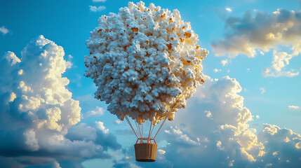 Hot air balloon made of popcorn floats among fluffy clouds in blue sky