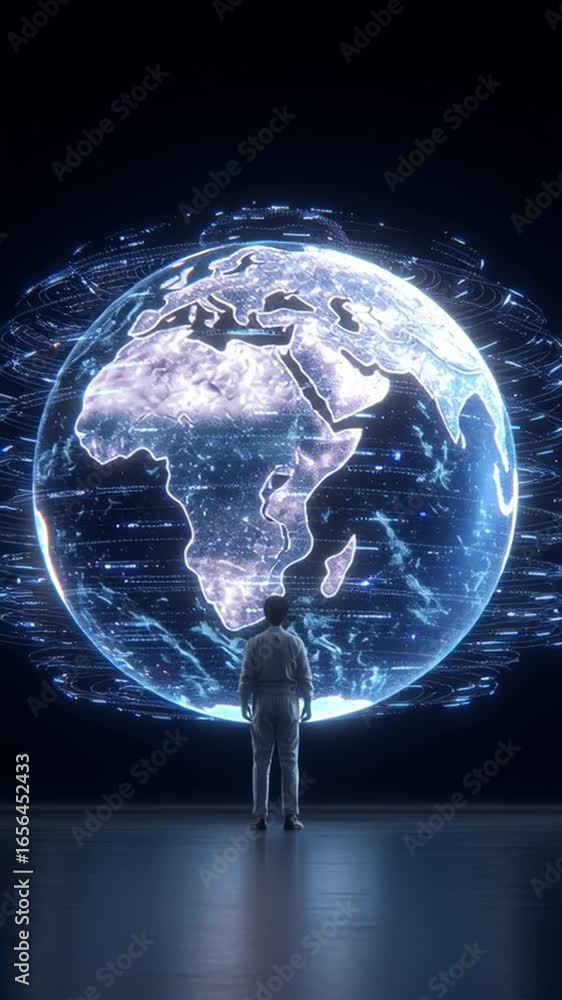 Poster facing glowing digital globe representing cybersecurity data protection with digital security measur