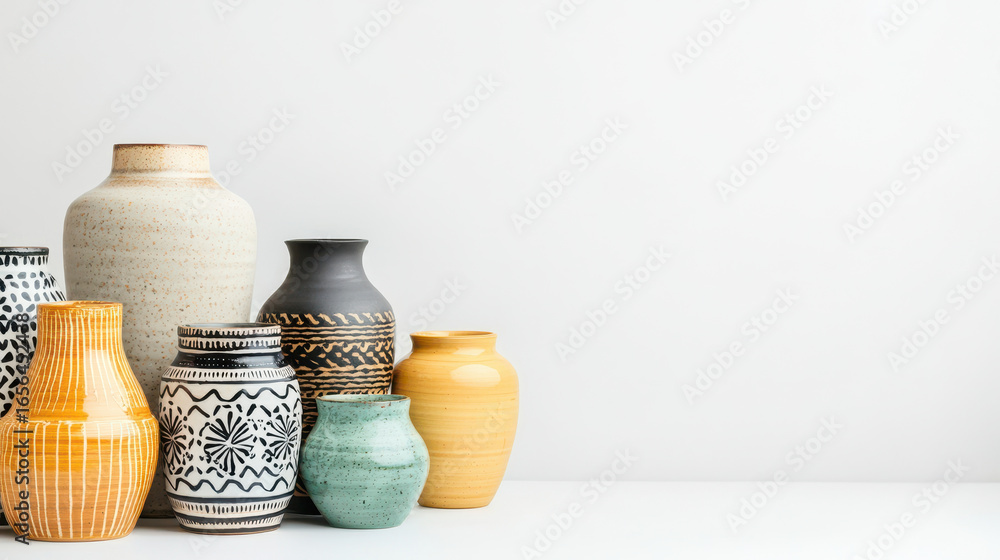 Poster colorful ceramic vases arranged on white background, showcasing various patterns and textures, creat
