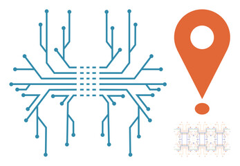 Blue circuit board branches radiate symmetrically from a central hub next to an orange location pin. Ideal for technology, navigation, innovation, connectivity, data, system, and digital