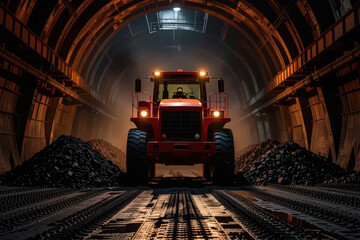 Large vehicle operating in an industrial mine tunnel with dramatic lighting