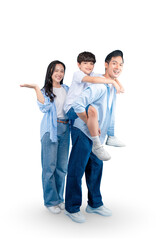 Fototapeta premium A happy family of three, with the father carrying his son on his back, and the mother standing beside them on PNG 
