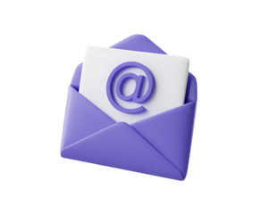 Purple envelope with at symbol on white paper