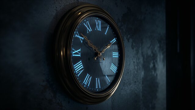 Antique brass-framed wall clock ticking on dimly lit wall, with glowing blue numerals, copy space
