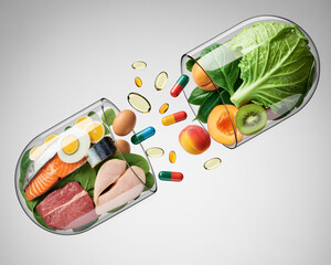 Glass Capsule Filled with Spinach, Salmon, Fruits, and Vegetables