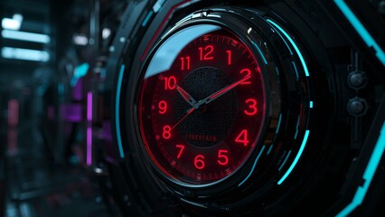 Pulsing circular analog clock face glowing on futuristic metallic console with cyan neon strips