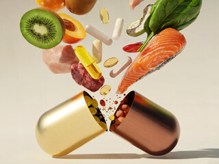 Gold and Copper Capsule Opening with Healthy Foods