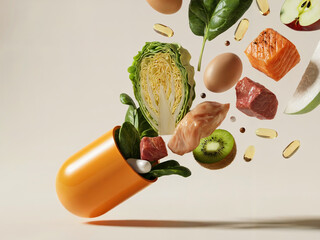 Open Capsule Filled with Vegetables, Meat, Eggs, and Salmon as Natural Supplement