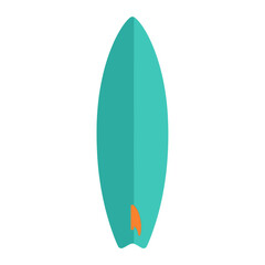 Teal surfboard with orange fin on white background.