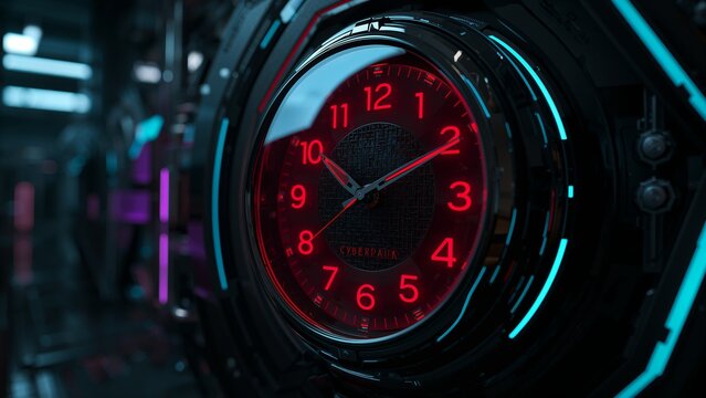 Pulsing circular analog clock face glowing on futuristic metallic console with cyan neon strips - Powered by Adobe