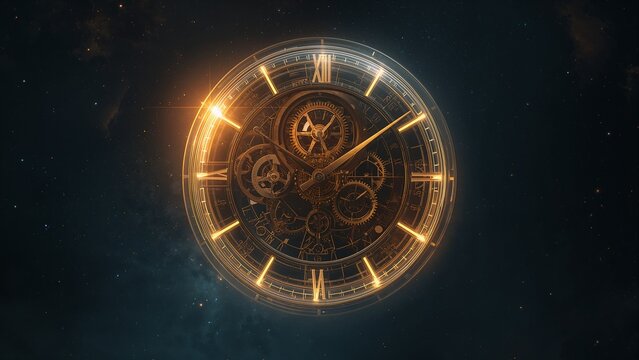 Spinning golden clock face glowing in cosmic space, revealing gears cogs Roman numeral dial hands - Powered by Adobe