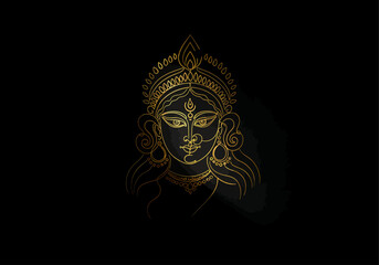 Minimalist One-Line Art of Goddess Durga Face and Lion Flowing Golden Line Illustration