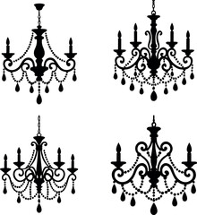 Four ornate chandeliers with candle holders and hanging crystal embellishments