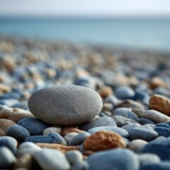 Close-up of smooth pebbles on a beach, blue water in background