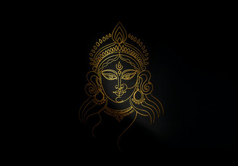 Fototapeta premium Minimalist One-Line Art of Goddess Durga Face and Lion Flowing Golden Line Illustration