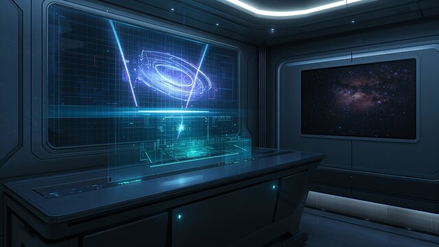 Projecting holographic console displaying galaxy map in space station lab, with starfield display