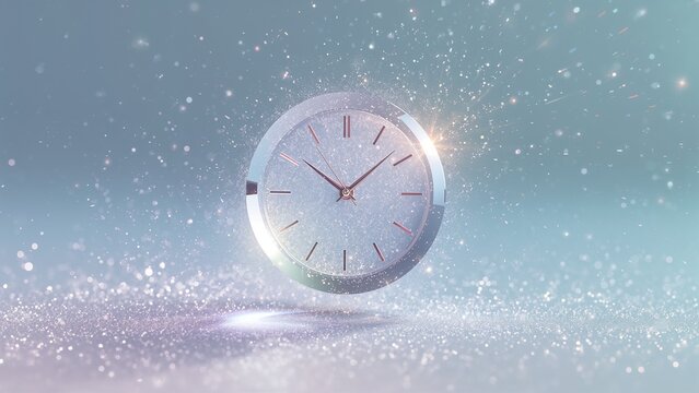 Floating round metallic clock above glitter surface in abstract studio, with drifting sparkles - Powered by Adobe