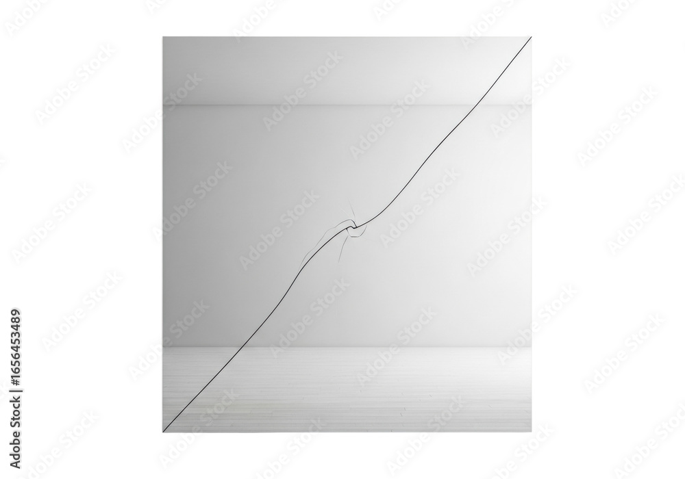 Poster a large, highly reflective square mirror with a single clean diagonal crack reflects an empty room w