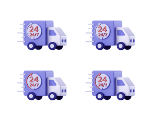 Four identical purple delivery trucks with 24 hour service icons in motion