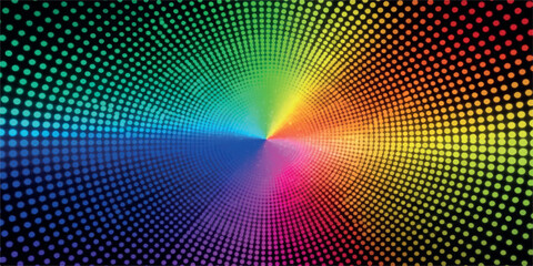 Obraz premium Abstract digital art with a colorful halftone pattern of blue and yellow dots on a rainbow background, perfect for a modern wallpaper or party invitation