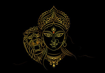 Obraz premium Minimalist One-Line Art of Goddess Durga Face and Lion Flowing Golden Line Illustration