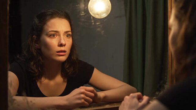 Stressed woman looks in mirror feeling anxious