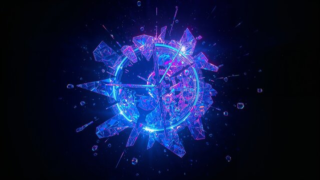 Spinning neon compass device glowing cyan magenta in digital void, with floating shards, circuitry