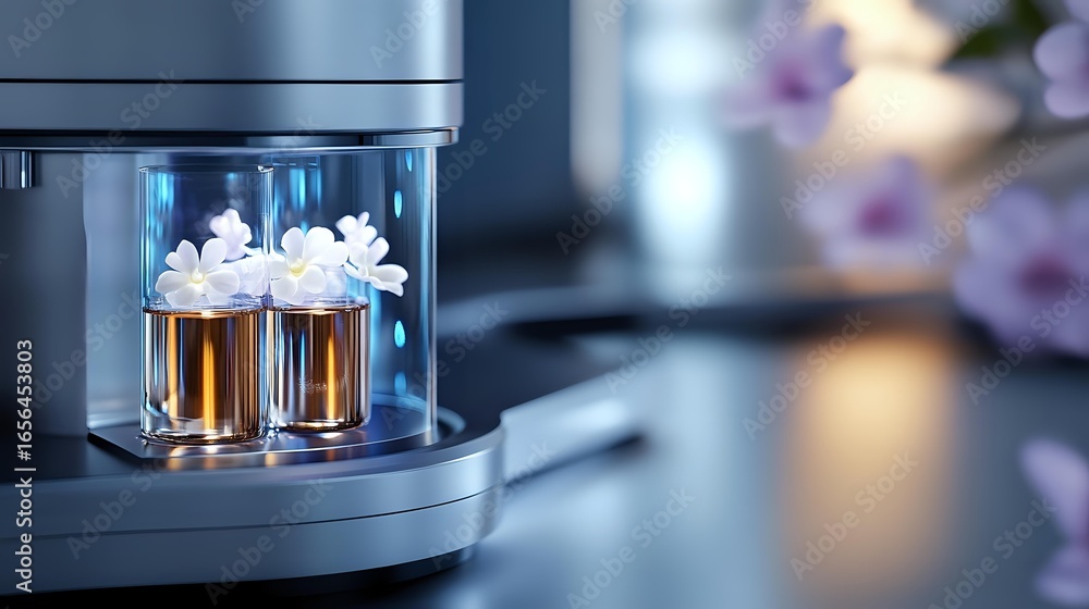 Poster laboratory test tubes with amber liquid in modern automated analysis machine with soft purple floral