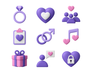 Collection of romantic and love themed 3d icons on black background
