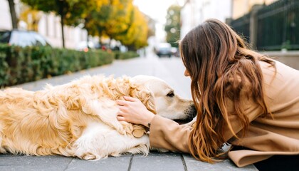 Woman petting golden retriever