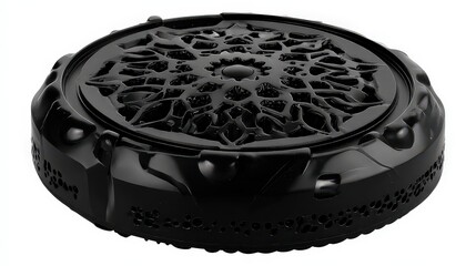 A sleek black decorative container with intricate floral patterns, ideal for showcasing items or use as a table accent, Perfect for interior design, art projects, or decorative purposes,