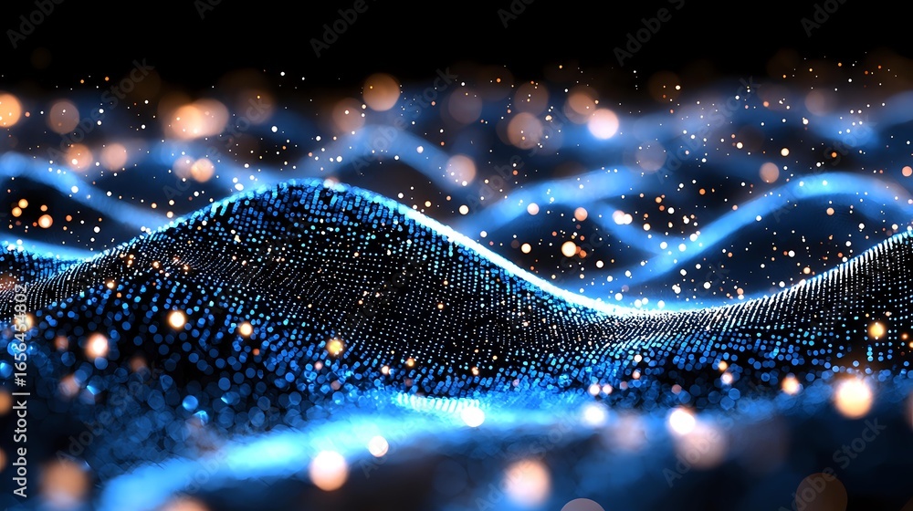 Aufkleber glowing blue waves of digital particles with bokeh light effects on black background create futurist