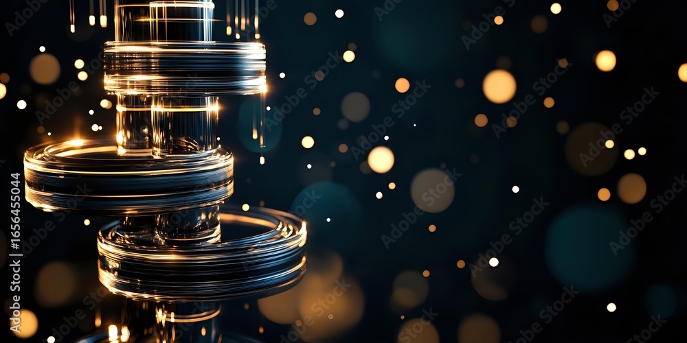Aufkleber glowing metallic cylindrical shapes with golden light effects floating in dark space surrounded by l