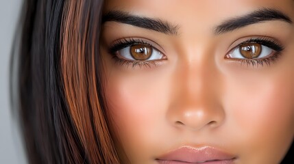 Close up portrait of young mixed race woman with brown eyes and natural makeup looking directly at camera against light background, beauty concept.