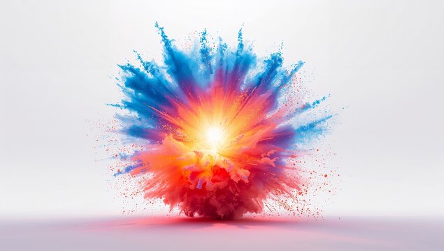 Bursting multicolored powder cloud radiating from bright light source on smooth white studio floor