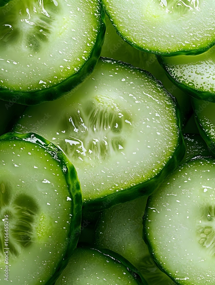 Poster fresh cucumber slices with water drops in macro view showing juicy translucent texture and natural g