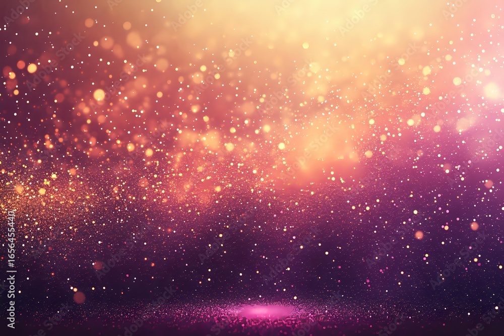 Poster magical glowing particles floating in purple and gold space atmosphere with bokeh light effects and 