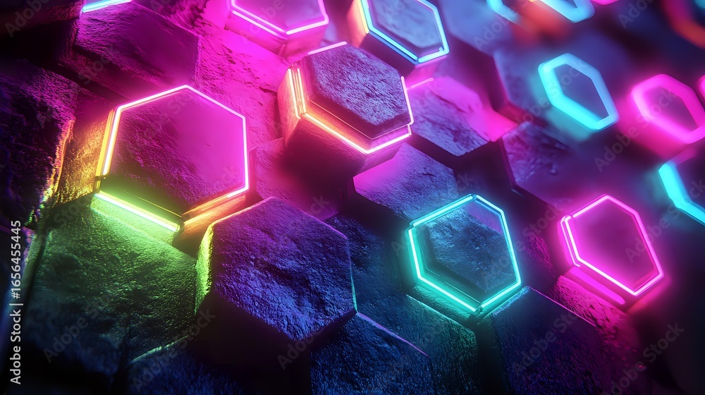 Poster glowing neon hexagons on dark textured surface create futuristic pattern with vibrant pink, blue and