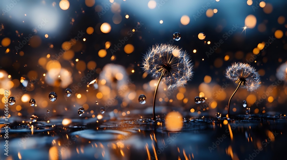 Poster delicate dandelion seeds against dark background with golden bokeh lights and water drops creating m