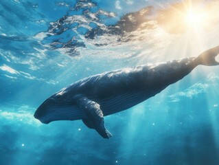Obraz premium Majestic humpback whale gliding through vibrant ocean waters in sunlight beams near coral reef