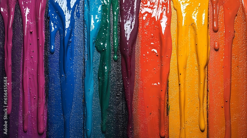 Poster vibrant multicolored paint drips flowing downward on dark surface create dramatic abstract pattern w