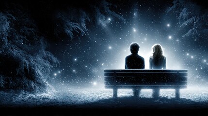 A serene winter scene features two figures sitting on a bench under softly falling snow, surrounded by glowing light and trees, This image evokes feelings of nostalgia and romance