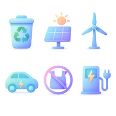 Colorful eco sustainability icons with recycling solar energy wind and electric car