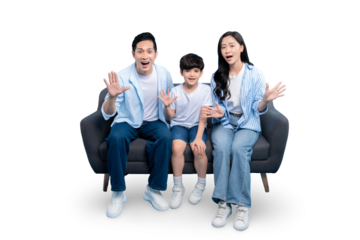 Family of three sitting together happily. Family expressing excitement sitting on the sofa on PNG 