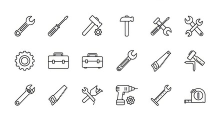 Obraz premium Collection of essential tools for repair and construction, presented in a clean, modern line art style.