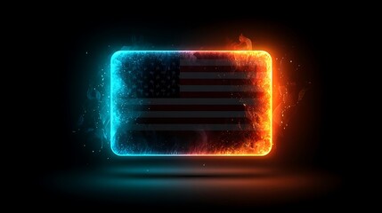 a rectangular shape containing an icon with symbolic stars and stripes is set against a completely dark background
