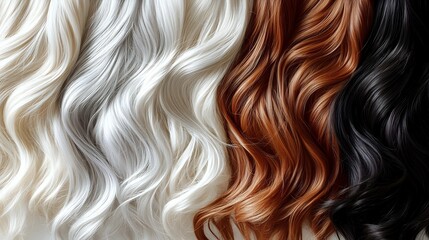 Fototapeta premium Wavy hair strands in different natural colors from platinum blonde to black arranged in vertical rows showing texture and shine for beauty and hairstyle design.