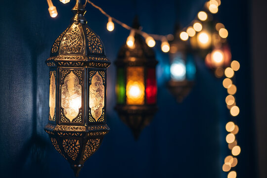 Traditional islamic lanterns and string lights